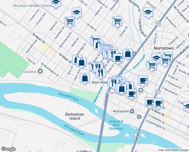 map of restaurants, bars, coffee shops, grocery stores, and more near 400 West Main Street in Norristown