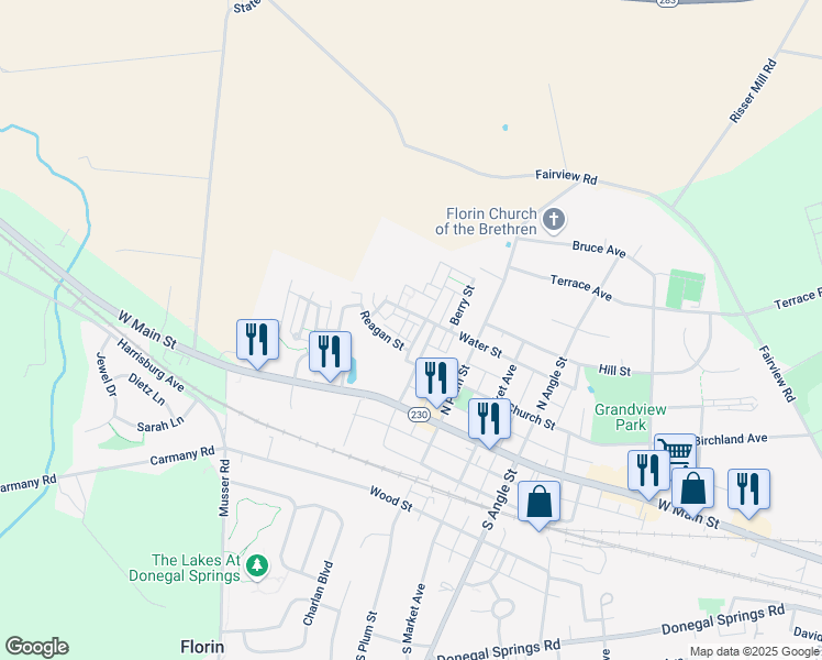 map of restaurants, bars, coffee shops, grocery stores, and more near 1019 Reagan Street in Mount Joy