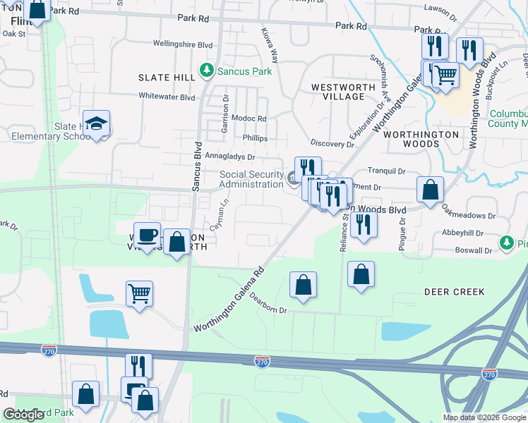 map of restaurants, bars, coffee shops, grocery stores, and more near 908 Larkfield Drive in Worthington