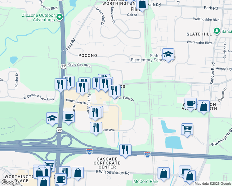 map of restaurants, bars, coffee shops, grocery stores, and more near 7600 Huntington Park Drive in Columbus