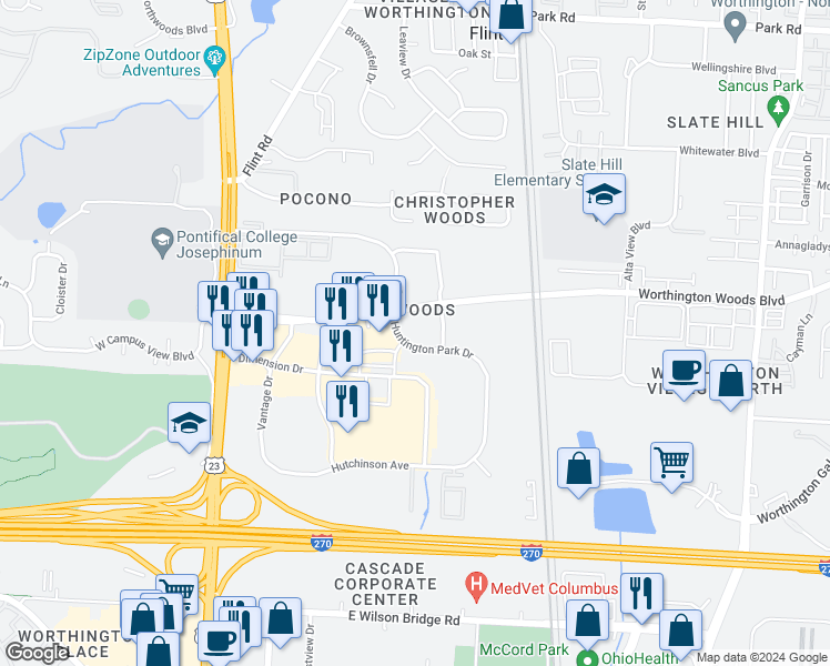 map of restaurants, bars, coffee shops, grocery stores, and more near 7600 Huntington Park Drive in Columbus