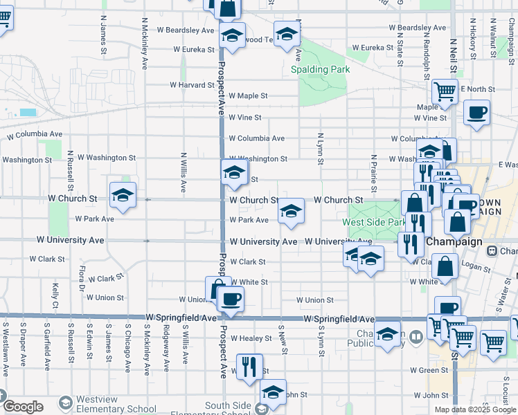 map of restaurants, bars, coffee shops, grocery stores, and more near 710 West Park Avenue in Champaign