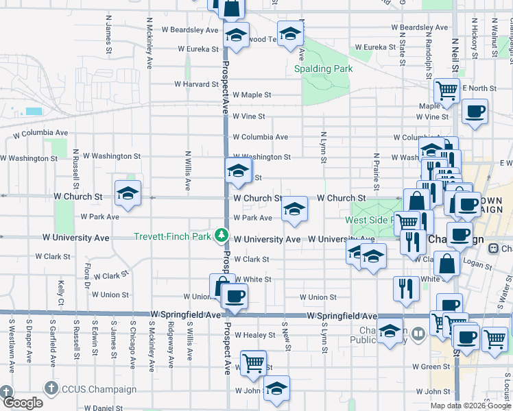 map of restaurants, bars, coffee shops, grocery stores, and more near 710 West Park Avenue in Champaign