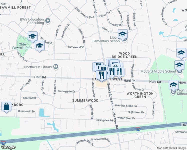 map of restaurants, bars, coffee shops, grocery stores, and more near 7801 Rhapsody Drive in Dublin