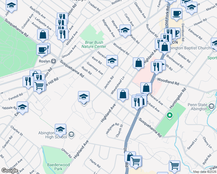 map of restaurants, bars, coffee shops, grocery stores, and more near 2039 Susquehanna Road in Abington