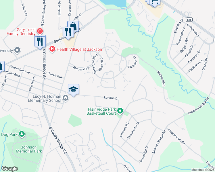map of restaurants, bars, coffee shops, grocery stores, and more near 90 Azalea Circle in Jackson Township