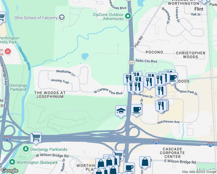 map of restaurants, bars, coffee shops, grocery stores, and more near 112 West Campus View Boulevard in Columbus