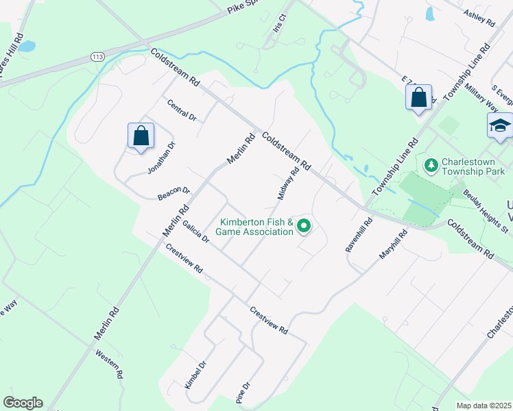 map of restaurants, bars, coffee shops, grocery stores, and more near 121 Midway Road in Phoenixville