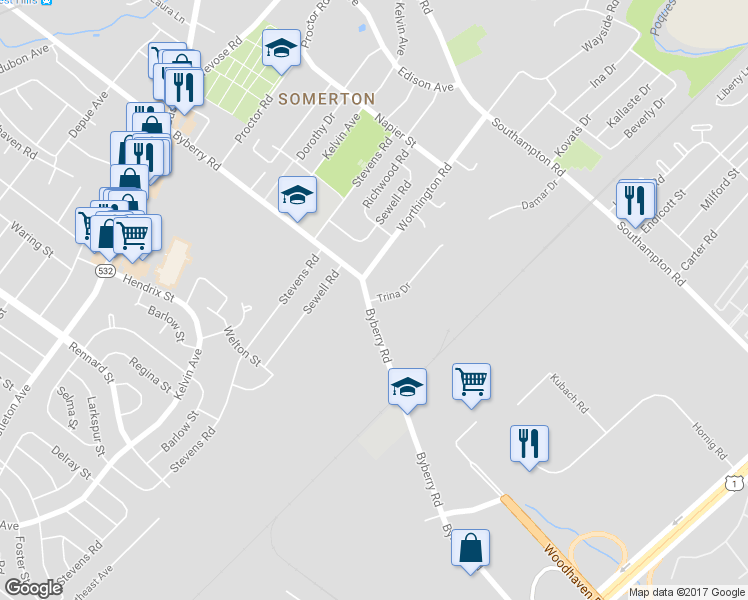 map of restaurants, bars, coffee shops, grocery stores, and more near 13006 Trina Drive in Philadelphia