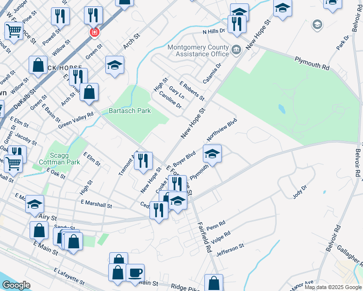 map of restaurants, bars, coffee shops, grocery stores, and more near 1408 New Hope Street in Norristown