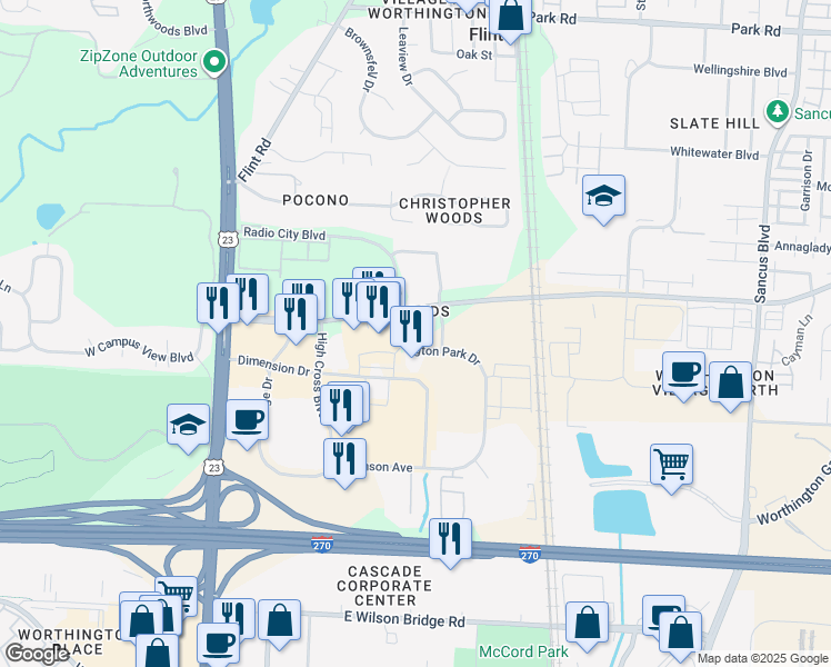 map of restaurants, bars, coffee shops, grocery stores, and more near 7600 Huntington Park Drive in Columbus