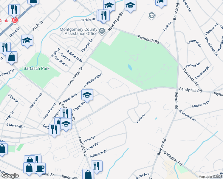 map of restaurants, bars, coffee shops, grocery stores, and more near 40 Terrace Road in Plymouth Meeting