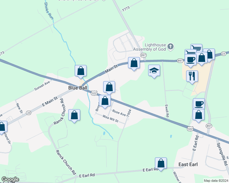 map of restaurants, bars, coffee shops, grocery stores, and more near 143 Marble Avenue in East Earl