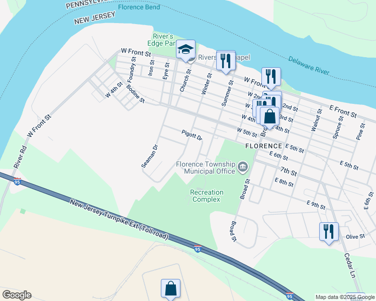 map of restaurants, bars, coffee shops, grocery stores, and more near 606 Seaman Drive in Florence