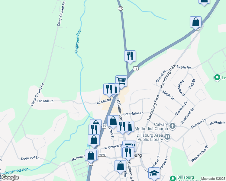 map of restaurants, bars, coffee shops, grocery stores, and more near 515 Rt 15 in Dillsburg