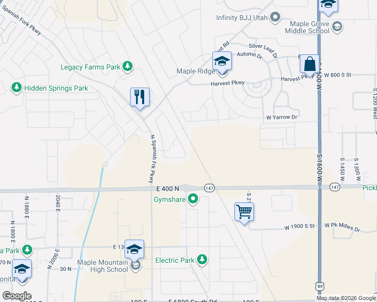 map of restaurants, bars, coffee shops, grocery stores, and more near 2675 East 390 North in Spanish Fork