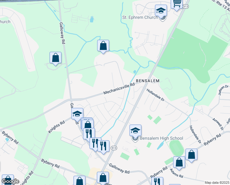map of restaurants, bars, coffee shops, grocery stores, and more near 4065 Mechanicsville Road in Bensalem