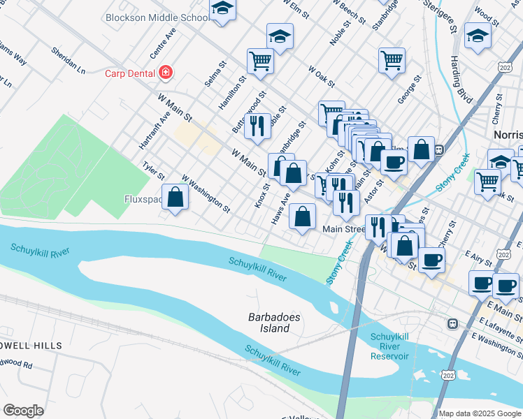 map of restaurants, bars, coffee shops, grocery stores, and more near 724 West Lafayette Street in Norristown