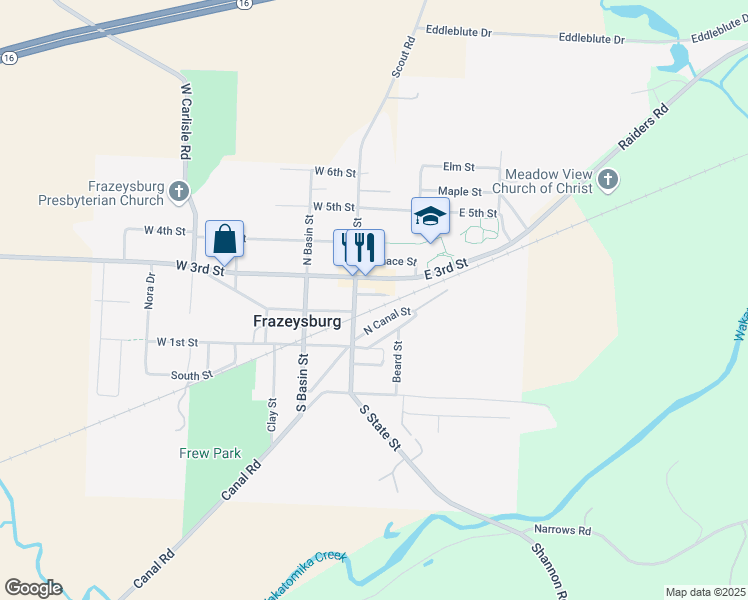 map of restaurants, bars, coffee shops, grocery stores, and more near 24 East 2nd Street in Frazeysburg