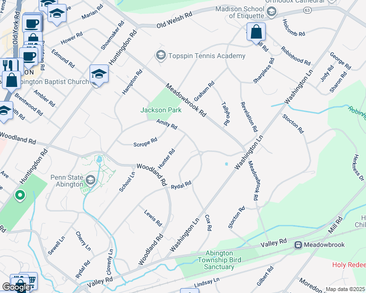 map of restaurants, bars, coffee shops, grocery stores, and more near 1461 Hunter Road in Rydal
