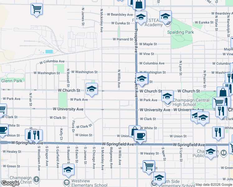 map of restaurants, bars, coffee shops, grocery stores, and more near 920 West Park Avenue in Champaign