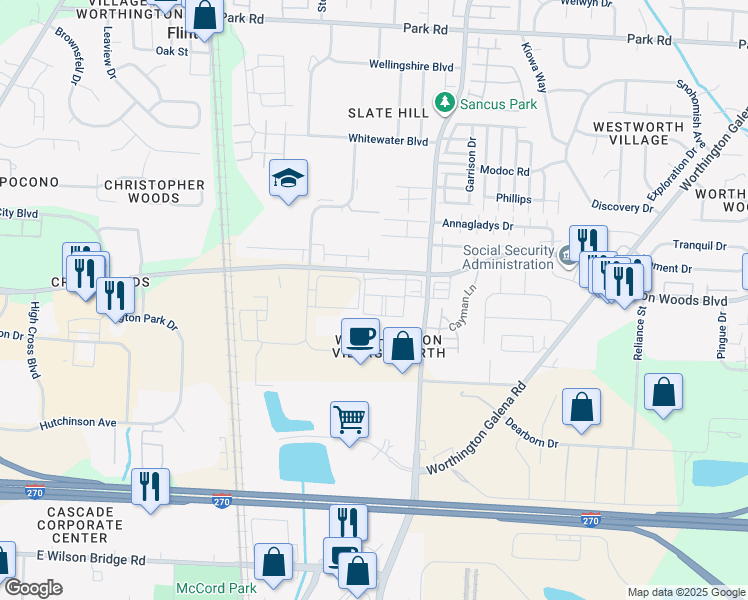 map of restaurants, bars, coffee shops, grocery stores, and more near 727 Worthington Woods Boulevard in Columbus