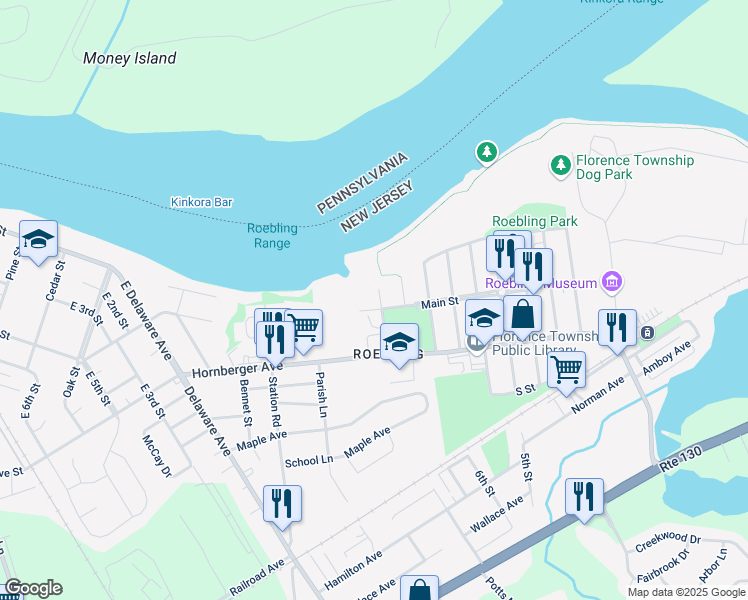 map of restaurants, bars, coffee shops, grocery stores, and more near 105 Main Street in Florence