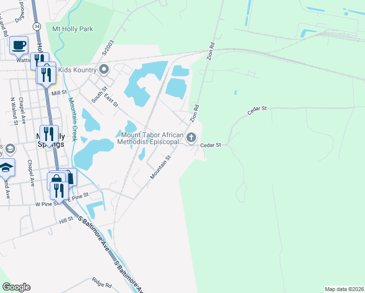 map of restaurants, bars, coffee shops, grocery stores, and more near 4 R Cedar Street in Mount Holly Springs