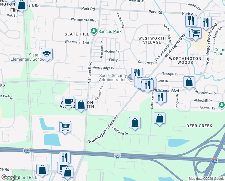 map of restaurants, bars, coffee shops, grocery stores, and more near 908 Larkfield Drive in Worthington