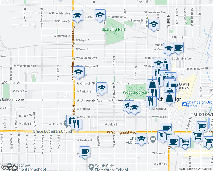 map of restaurants, bars, coffee shops, grocery stores, and more near 606 West Park Avenue in Champaign