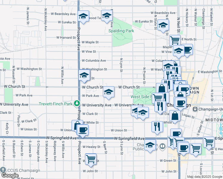 map of restaurants, bars, coffee shops, grocery stores, and more near 606 West Park Avenue in Champaign
