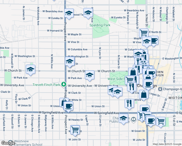 map of restaurants, bars, coffee shops, grocery stores, and more near 202 North New Street in Champaign