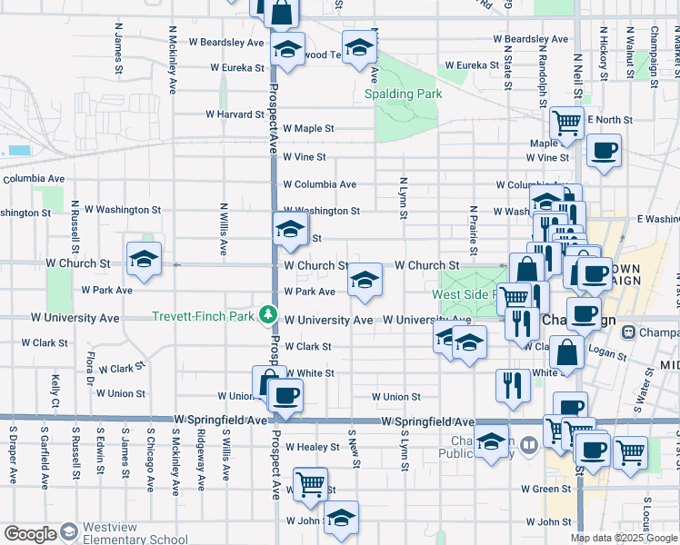 map of restaurants, bars, coffee shops, grocery stores, and more near 710 West Park Avenue in Champaign