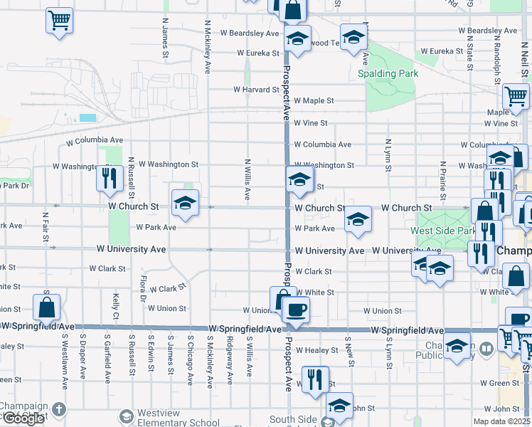map of restaurants, bars, coffee shops, grocery stores, and more near 900 West Park Avenue in Champaign