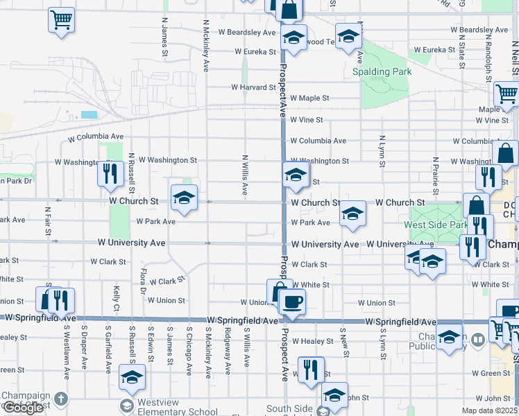 map of restaurants, bars, coffee shops, grocery stores, and more near 920 West Park Avenue in Champaign