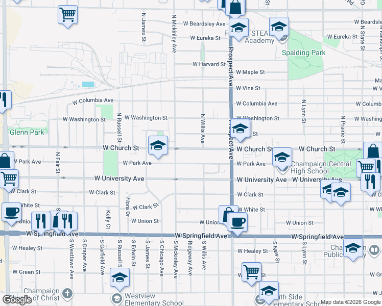 map of restaurants, bars, coffee shops, grocery stores, and more near 1012 West Park Avenue in Champaign