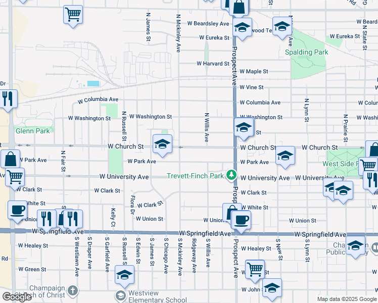 map of restaurants, bars, coffee shops, grocery stores, and more near 1012 West Park Avenue in Champaign