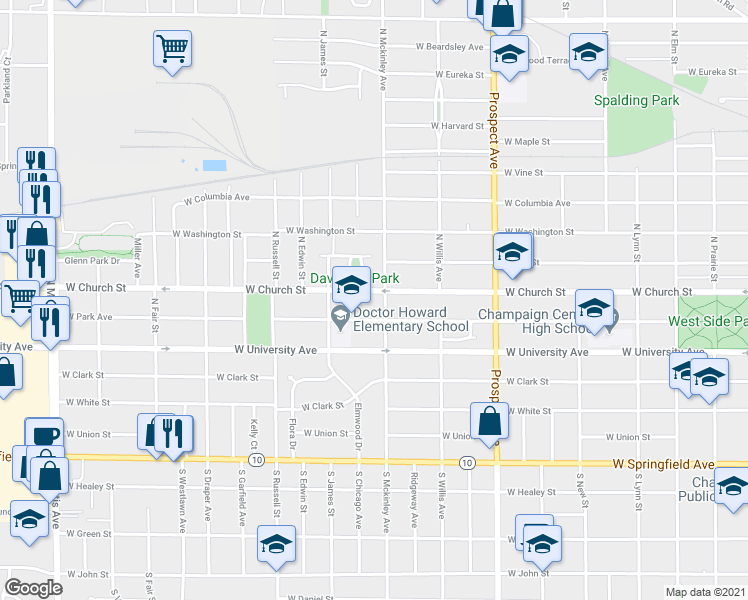 map of restaurants, bars, coffee shops, grocery stores, and more near 1104 West Park Avenue in Champaign