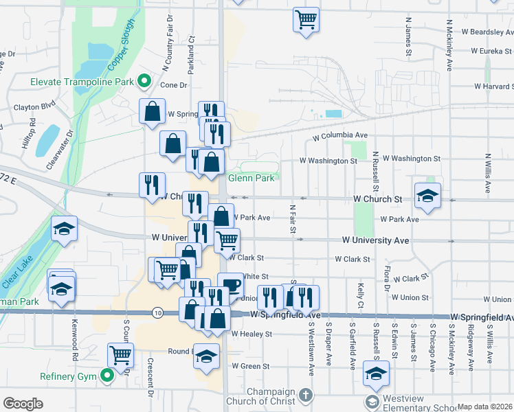 map of restaurants, bars, coffee shops, grocery stores, and more near 1702 West Park Avenue in Champaign