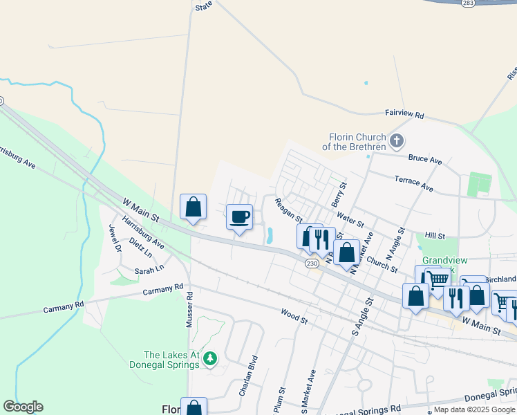map of restaurants, bars, coffee shops, grocery stores, and more near 104 Merchant Avenue in Mount Joy