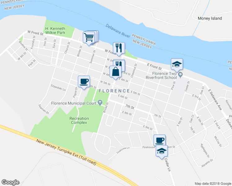 map of restaurants, bars, coffee shops, grocery stores, and more near 11 East 6th Street in Florence Township