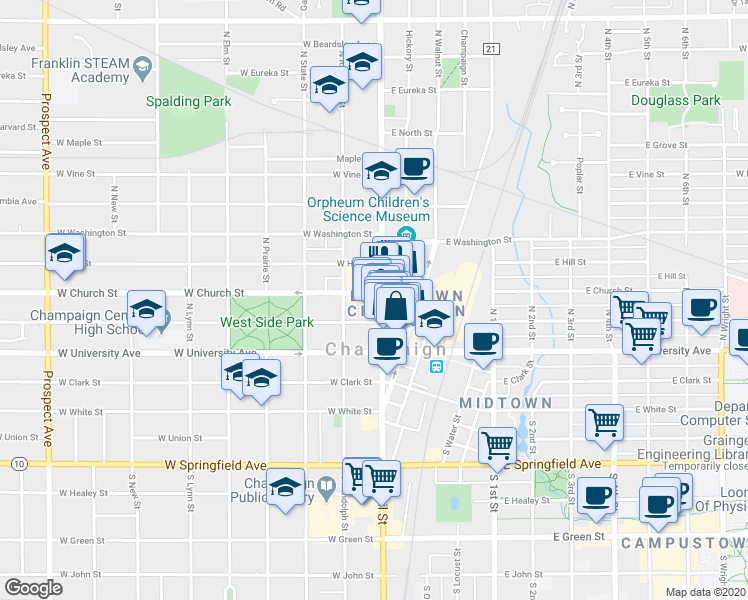 map of restaurants, bars, coffee shops, grocery stores, and more near 219 North Neil Street in Champaign