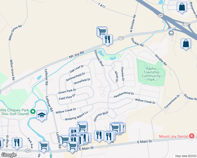 map of restaurants, bars, coffee shops, grocery stores, and more near 1203 Crestwyck Circle in Mount Joy