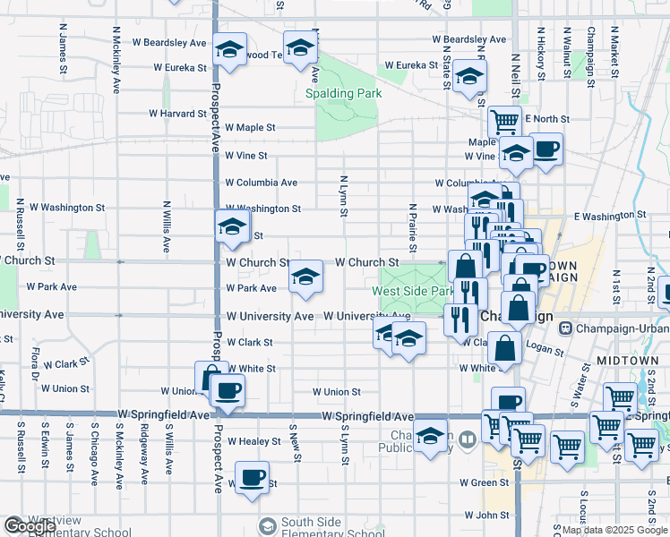 map of restaurants, bars, coffee shops, grocery stores, and more near 603 West Church Street in Champaign