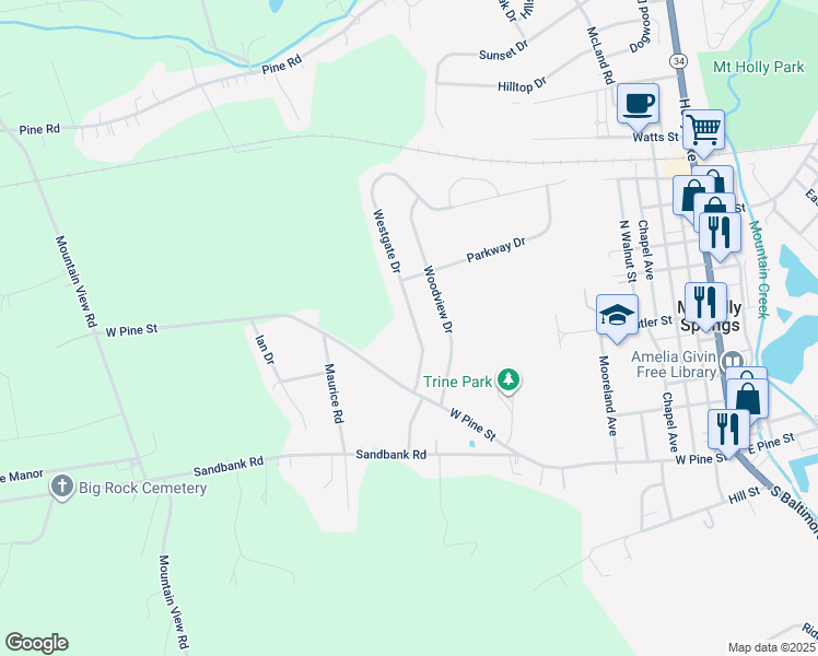 map of restaurants, bars, coffee shops, grocery stores, and more near 17 Westgate Drive in Mount Holly Springs