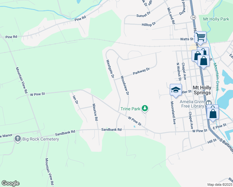 map of restaurants, bars, coffee shops, grocery stores, and more near 17 Westgate Drive in Mount Holly Springs