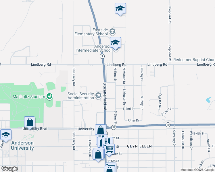 map of restaurants, bars, coffee shops, grocery stores, and more near 14 Indiana 9 in Anderson
