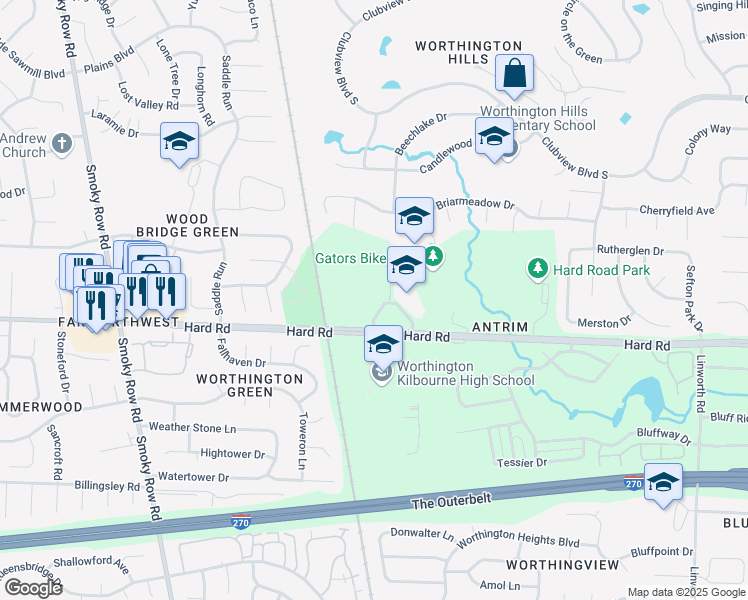 map of restaurants, bars, coffee shops, grocery stores, and more near 1500 Hard Road in Columbus