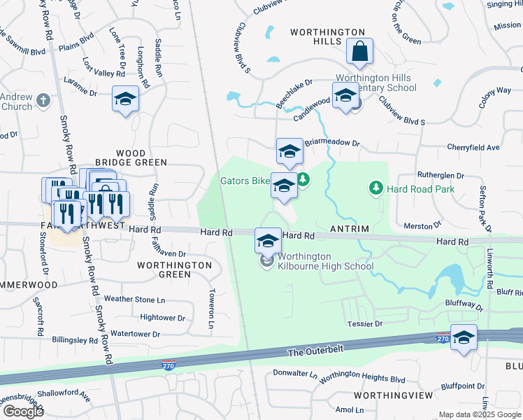 map of restaurants, bars, coffee shops, grocery stores, and more near 1500 Hard Road in Columbus