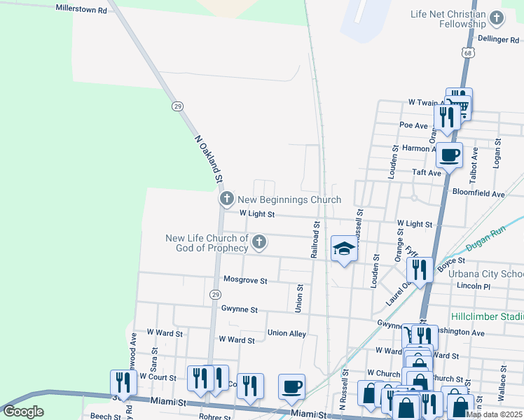 map of restaurants, bars, coffee shops, grocery stores, and more near 630 West Light Street in Urbana